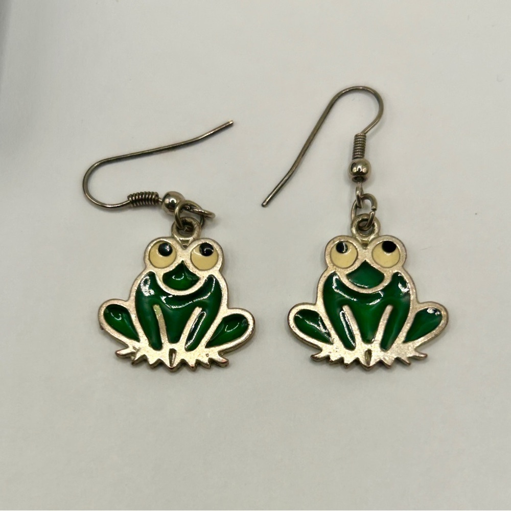 Green Frog Earrings Dangling French Wires​